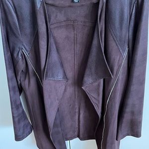 INSIGHT chocolate ultra suede longer length jacket for fall, beautiful details